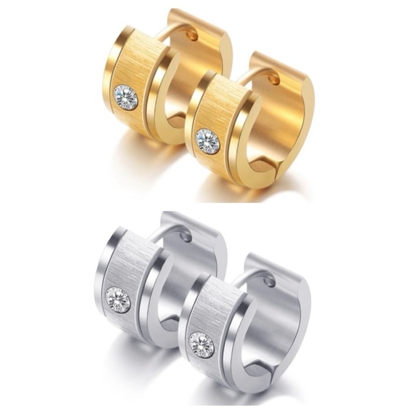 Silver & Gold Locking Textured Stainless Steel Dainty Hoop Earrings - Picture 1 of 8